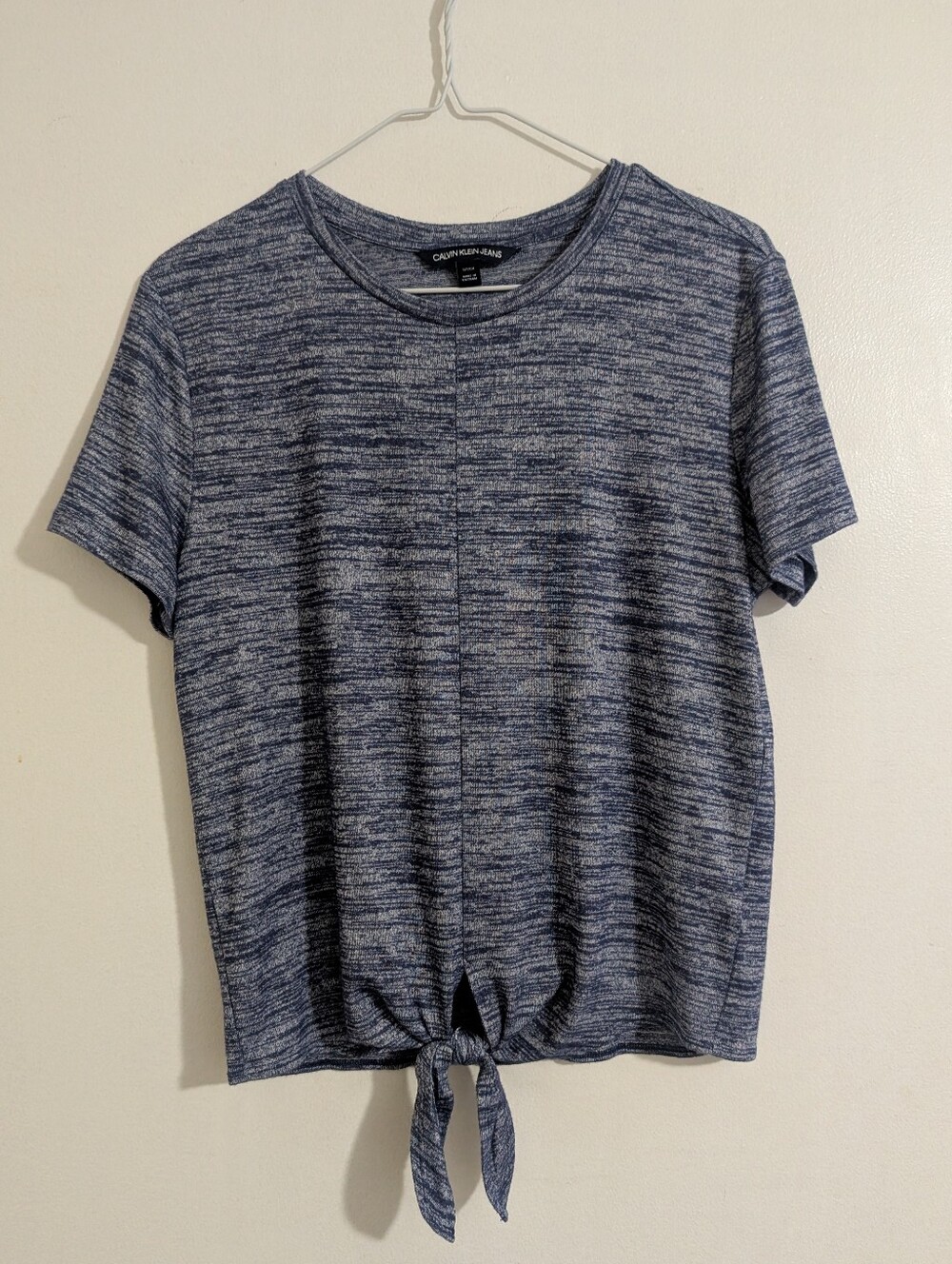 Calvin Klein Jeans Blue Space Dye Ribbed Front Tie Hem T-Shirt Top Small